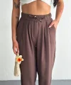 Kadın Yüksel Bel Rahat Boru Paça Pantalon - Kahverengi