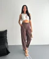 Kadın Yüksel Bel Rahat Boru Paça Pantalon - Kahverengi
