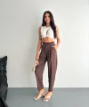 Kadın Yüksel Bel Rahat Boru Paça Pantalon - Kahverengi