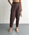 Kadın Yüksel Bel Rahat Boru Paça Pantalon - Kahverengi