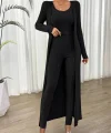 Kadın Yuvarlak Yaka Askılı Krop Bluz Yüksek Bel Tayt Ve Uzun Hırka şardonlu Kaşkorse üçlü Takım