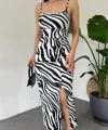 Kadın Zebra Baskılı Omuz Askılı Sırt Dekolteli Yırtmaç Detay Elbise