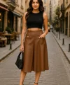 Kadınyüksek Bel Cep Ve Düğme Detay Fırsat ürün Midi Boy Deri Etek