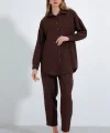 Kahverengi Oversize Keten Alt Üst Takım 6622