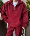Kalın Polar Yakalı Fermuarlı Sweat Pantolonlu Takım - Bordo