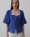 Kare Yaka Balon Kol Bluz - Mavi