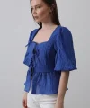 Kare Yaka Balon Kol Bluz - Mavi
