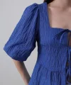 Kare Yaka Balon Kol Bluz - Mavi