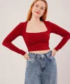 Kare Yaka Basic Bordo Bluz