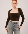 Kare Yaka Basic Kahverengi Bluz
