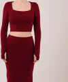 Kare Yaka Bluz Ve Yırtmaç Detaylı Etek İkili Bordo Takım