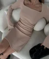 Kare Yaka ını Boy Fitilli Elbise  Bej