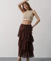 Katlı Kesim Uzun Etek - Kahve