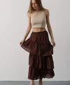 Katlı Kesim Uzun Etek - Kahve