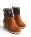 KATYA Fermuarlı Ortopedik Taban Topuklu Kürk Detaylı Süet Kadın Bot  STT - Taba