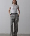 Kemerli Palazzo Pantolon - Gri-Beyaz