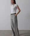 Kemerli Palazzo Pantolon - Gri-Beyaz