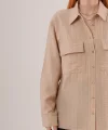 Kendinden Çizgili Cepli Ve Düğmeli Bej Gömlek