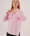 Kendinden Çizgili Cepli Ve Düğmeli Pembe  Gömlek
