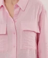 Kendinden Çizgili Cepli Ve Düğmeli Pembe  Gömlek