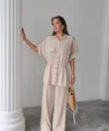 KETEN BELDEN BÜZGÜ DETAYLI GÖMLEK - PANTOLON TAKIM - Bej