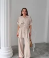 KETEN BELDEN BÜZGÜ DETAYLI GÖMLEK - PANTOLON TAKIM - Bej
