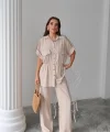 KETEN BELDEN BÜZGÜ DETAYLI GÖMLEK - PANTOLON TAKIM - Bej