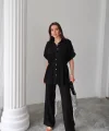 KETEN BELDEN BÜZGÜ DETAYLI GÖMLEK - PANTOLON TAKIM - Siyah