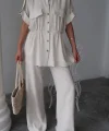 KETEN BELDEN BÜZGÜ DETAYLI GÖMLEK - PANTOLON TAKIM - Taş