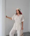 KETEN BELDEN BÜZGÜ DETAYLI GÖMLEK - PANTOLON TAKIM - Taş