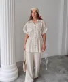 KETEN BELDEN BÜZGÜ DETAYLI GÖMLEK - PANTOLON TAKIM - Taş