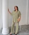 KETEN BELDEN BÜZGÜ DETAYLI GÖMLEK - PANTOLON TAKIM - Yeşil