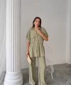 KETEN BELDEN BÜZGÜ DETAYLI GÖMLEK - PANTOLON TAKIM - Yeşil