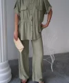 KETEN BELDEN BÜZGÜ DETAYLI GÖMLEK - PANTOLON TAKIM - Yeşil