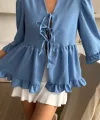 KETEN BLUZ ÖNDEN BAĞLAMALI FIRFIR DETAYLI - Mavi