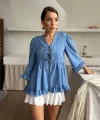 KETEN BLUZ ÖNDEN BAĞLAMALI FIRFIR DETAYLI - Mavi