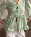 KETEN BLUZ ÖNDEN BAĞLAMALI FIRFIR DETAYLI - Yeşil
