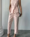 KETEN BLUZ - PANTOLON TAKIM MASSİMO MODEL  SCREAT KUMAŞ - Pudra