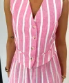 KETEN ÇİZGİLİ YELEK - UZUN ETEK TAKIM - Pembe