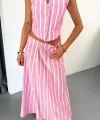 KETEN ÇİZGİLİ YELEK - UZUN ETEK TAKIM - Pembe