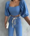 KETEN CROP KARPUZ KOL BLUZ-PANTOLON HASIR KEMERLİ - Mavi