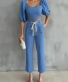 KETEN CROP KARPUZ KOL BLUZ-PANTOLON HASIR KEMERLİ - Mavi