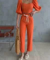KETEN CROP KARPUZ KOL BLUZ-PANTOLON HASIR KEMERLİ - Orange