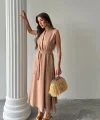 KETEN ELBİSE KOLSUZ BEL BAĞLAMALI MAXİ ELBİSE - Kahverengi