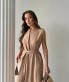 KETEN ELBİSE KOLSUZ BEL BAĞLAMALI MAXİ ELBİSE - Kahverengi