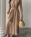 KETEN ELBİSE KOLSUZ BEL BAĞLAMALI MAXİ ELBİSE - Kahverengi