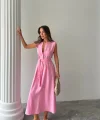 KETEN ELBİSE KOLSUZ BEL BAĞLAMALI MAXİ ELBİSE - Pembe