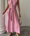 KETEN ELBİSE KOLSUZ BEL BAĞLAMALI MAXİ ELBİSE - Pembe