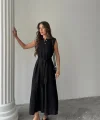 KETEN ELBİSE KOLSUZ BEL BAĞLAMALI MAXİ ELBİSE - Siyah