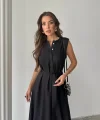 KETEN ELBİSE KOLSUZ BEL BAĞLAMALI MAXİ ELBİSE - Siyah